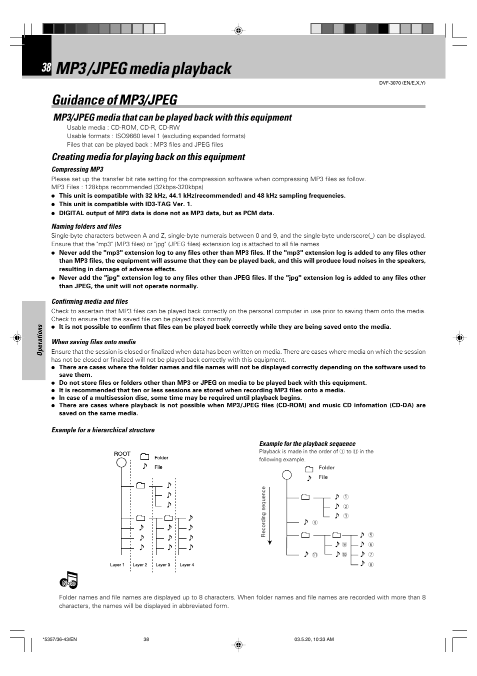 Mp3 /jpeg media playback, Guidance of mp3/jpeg, Creating media for playing back on this equipment | Kenwood DVF-3070 User Manual | Page 38 / 48