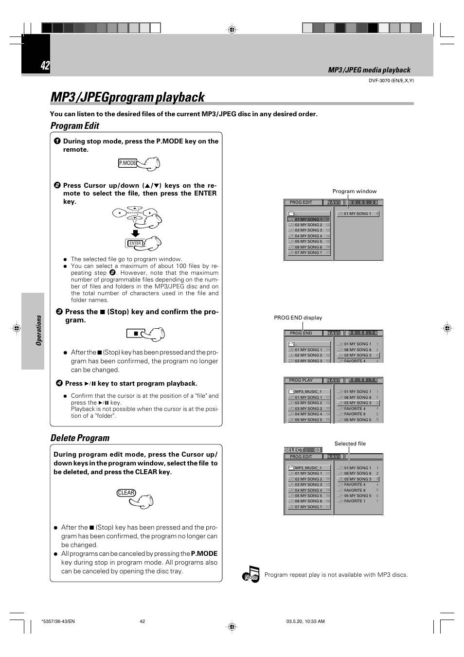 Mp3 /jpegprogram playback, Program edit, Delete program | Set up functions, Mp3 /jpeg media playback, 3 press the 7 (stop) key and confirm the pro- gram, Operations, Press 6 key to start program playback | Kenwood DVF-3070 User Manual | Page 42 / 48