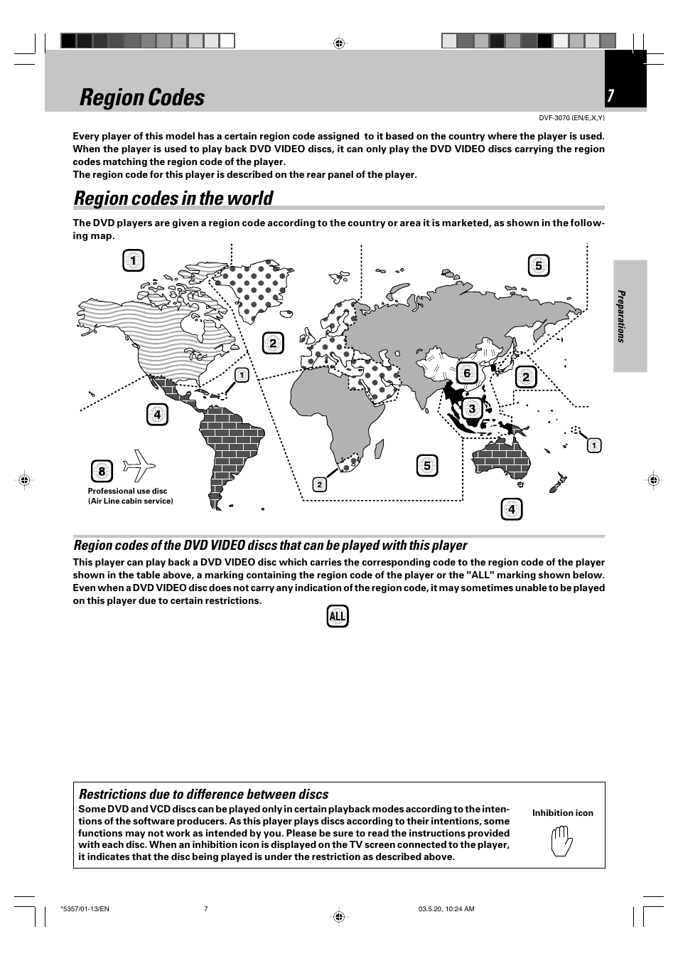 Region codes, Region codes in the world | Kenwood DVF-3070 User Manual | Page 7 / 48