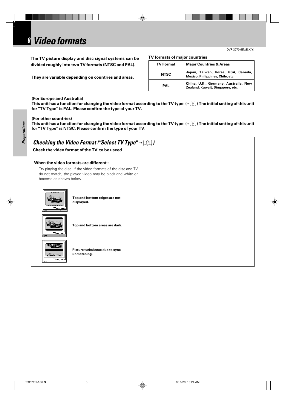 Video formats, Checking the video format ("select tv type" $ ) | Kenwood DVF-3070 User Manual | Page 8 / 48