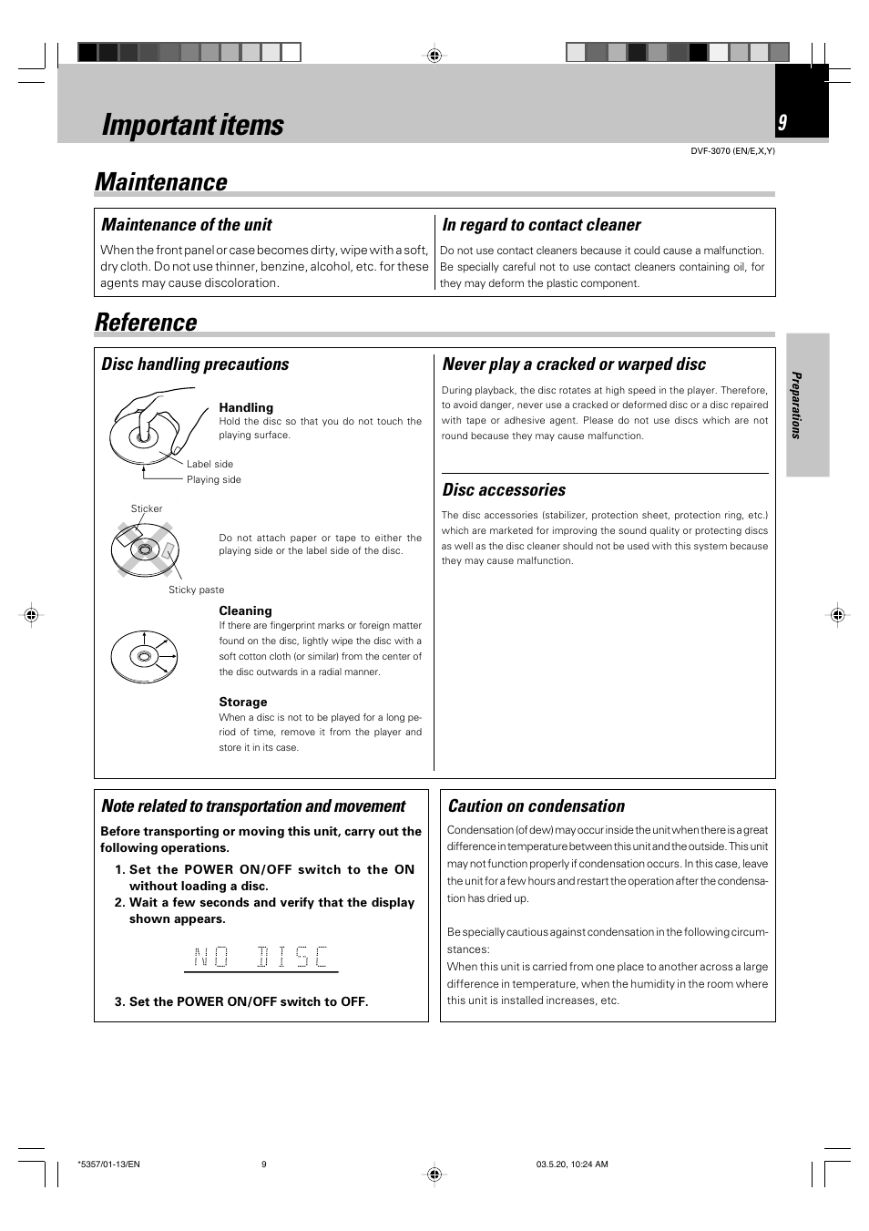 Important items, Maintenance, Reference | Maintenance reference, Disc handling precautions disc accessories, Never play a cracked or warped disc, Caution on condensation, Maintenance of the unit | Kenwood DVF-3070 User Manual | Page 9 / 48