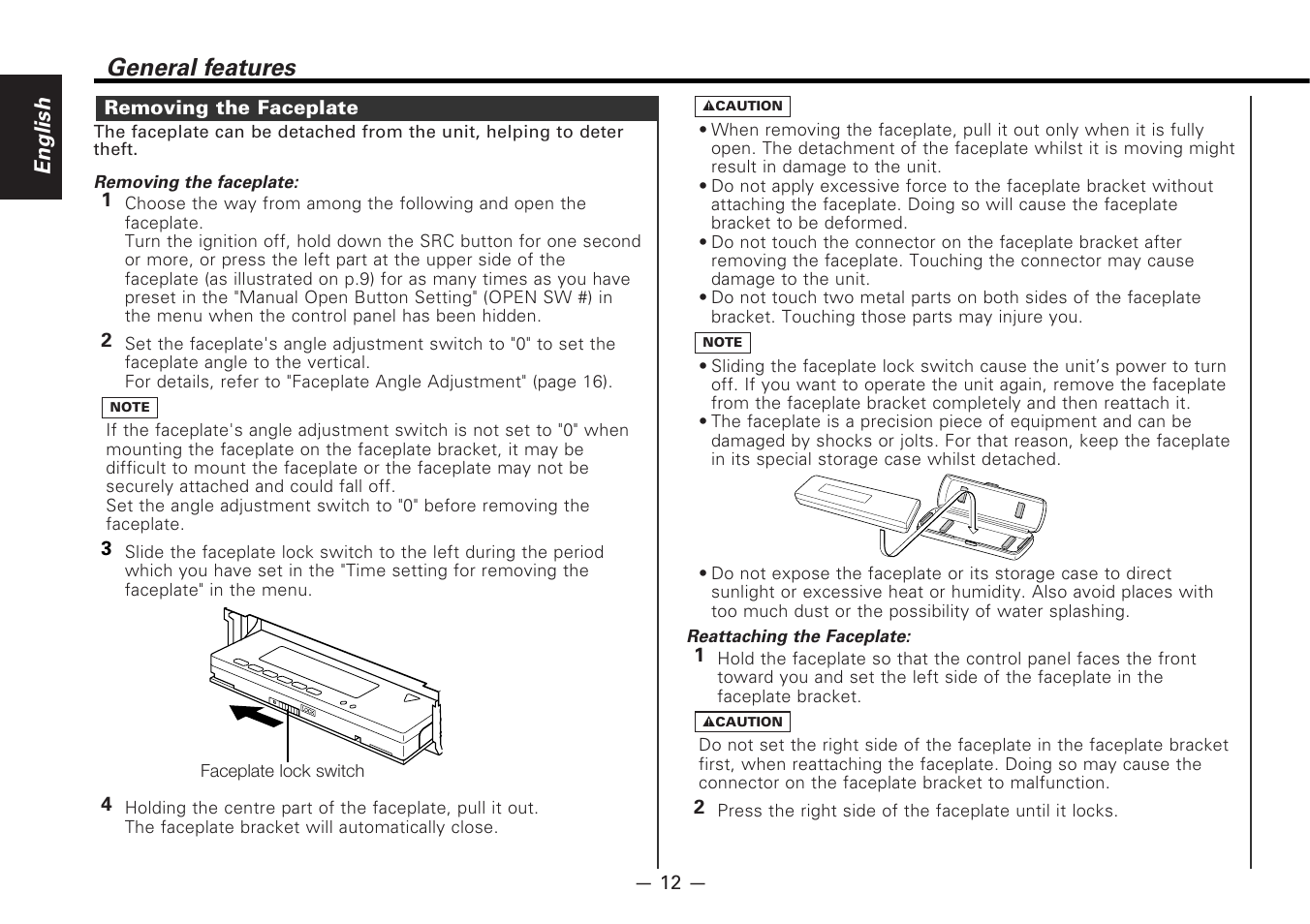 Removing the faceplate, General features, English | Kenwood CD-RECEIVER KDC-PS9080R User Manual | Page 12 / 52