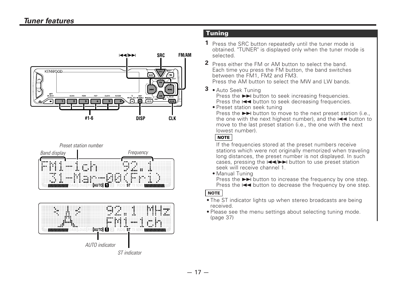 Tuner features, Tuning | Kenwood CD-RECEIVER KDC-PS9080R User Manual | Page 17 / 52