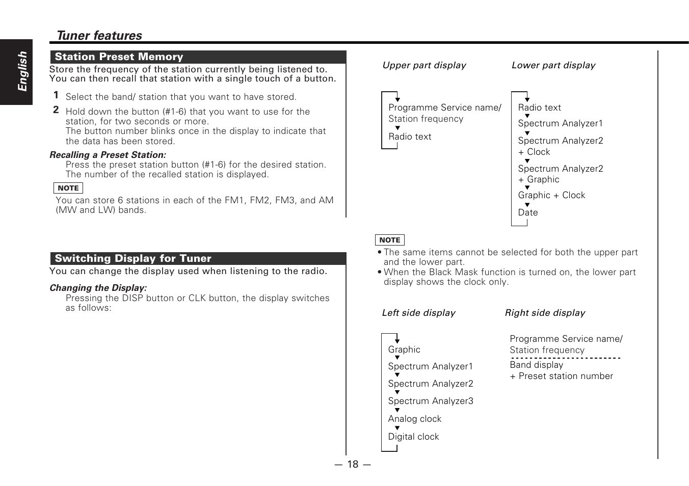 Station preset memory, Switching display for tuner, Tuner features | English | Kenwood CD-RECEIVER KDC-PS9080R User Manual | Page 18 / 52