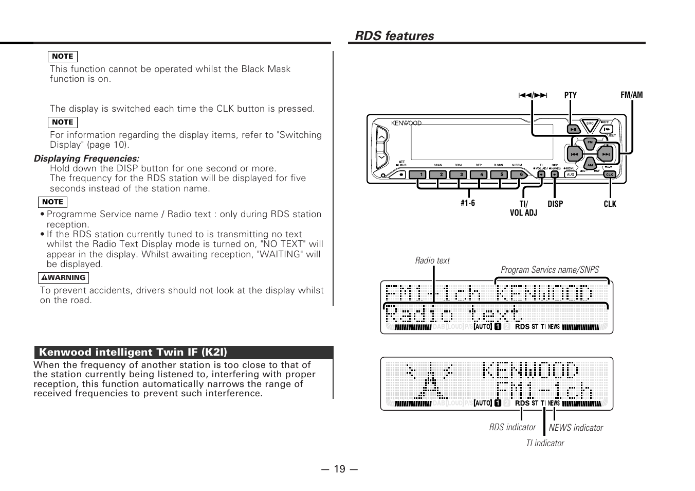 Kenwood intelligent twin if (k2i), Rds features | Kenwood CD-RECEIVER KDC-PS9080R User Manual | Page 19 / 52