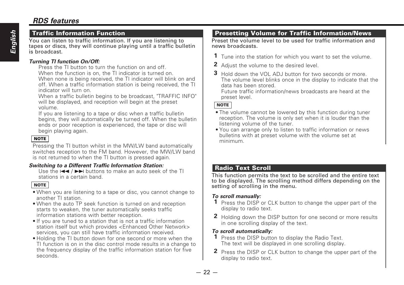 Traffic information function, Presetting volume for traffic information/news, Radio text scroll | Rds features | Kenwood CD-RECEIVER KDC-PS9080R User Manual | Page 22 / 52