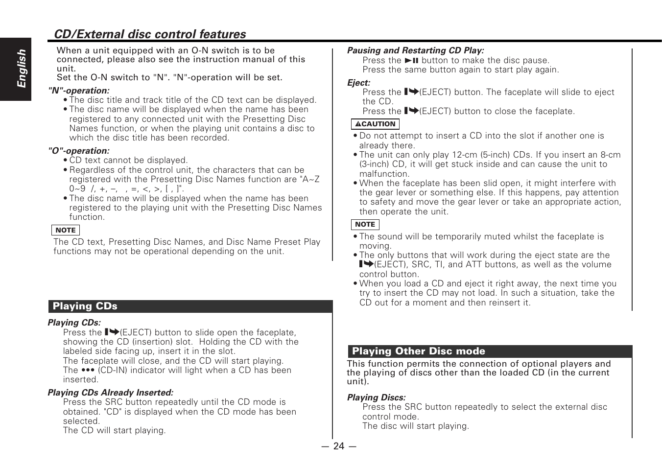 Playing cds, Playing other disc mode, Cd/external disc control features | English | Kenwood CD-RECEIVER KDC-PS9080R User Manual | Page 24 / 52