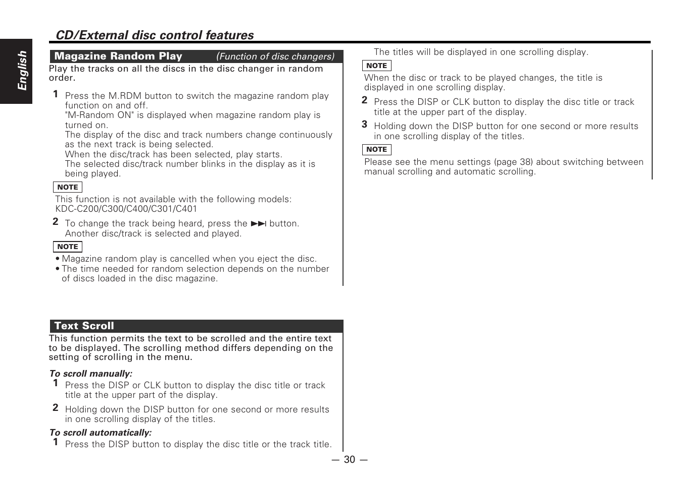 Magazine random play, Text scroll, Cd/external disc control features | Kenwood CD-RECEIVER KDC-PS9080R User Manual | Page 30 / 52
