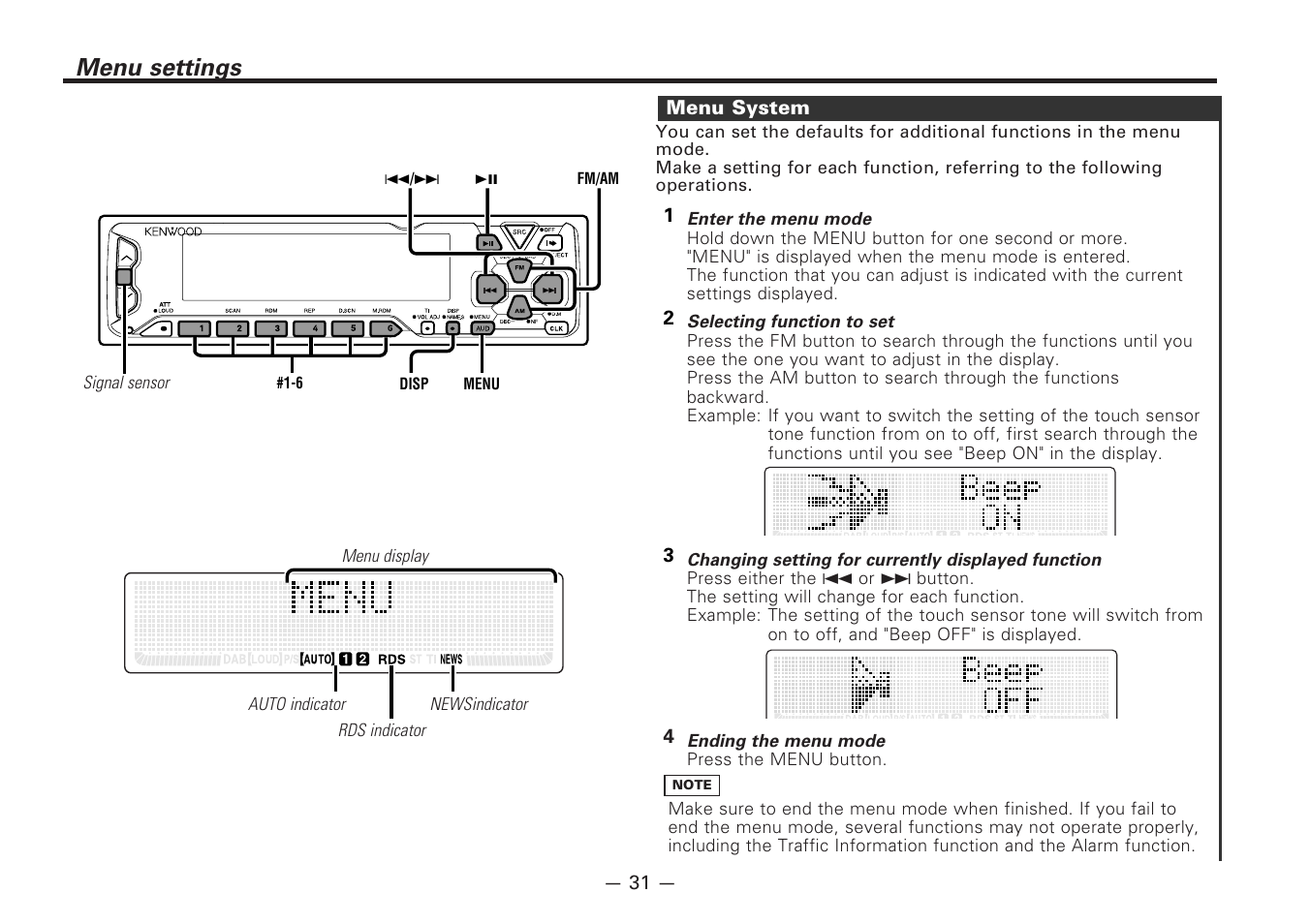 Menu settings, Menu system | Kenwood CD-RECEIVER KDC-PS9080R User Manual | Page 31 / 52