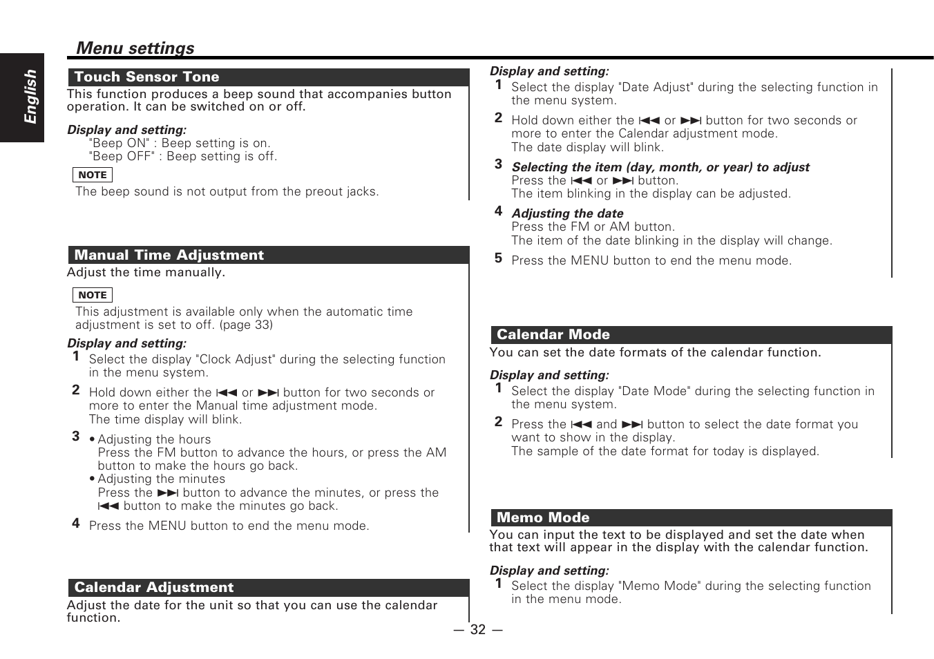 Touch sensor tone, Manual time adjustment, Calendar adjustment | Calendar mode, Memo mode, Menu settings | Kenwood CD-RECEIVER KDC-PS9080R User Manual | Page 32 / 52