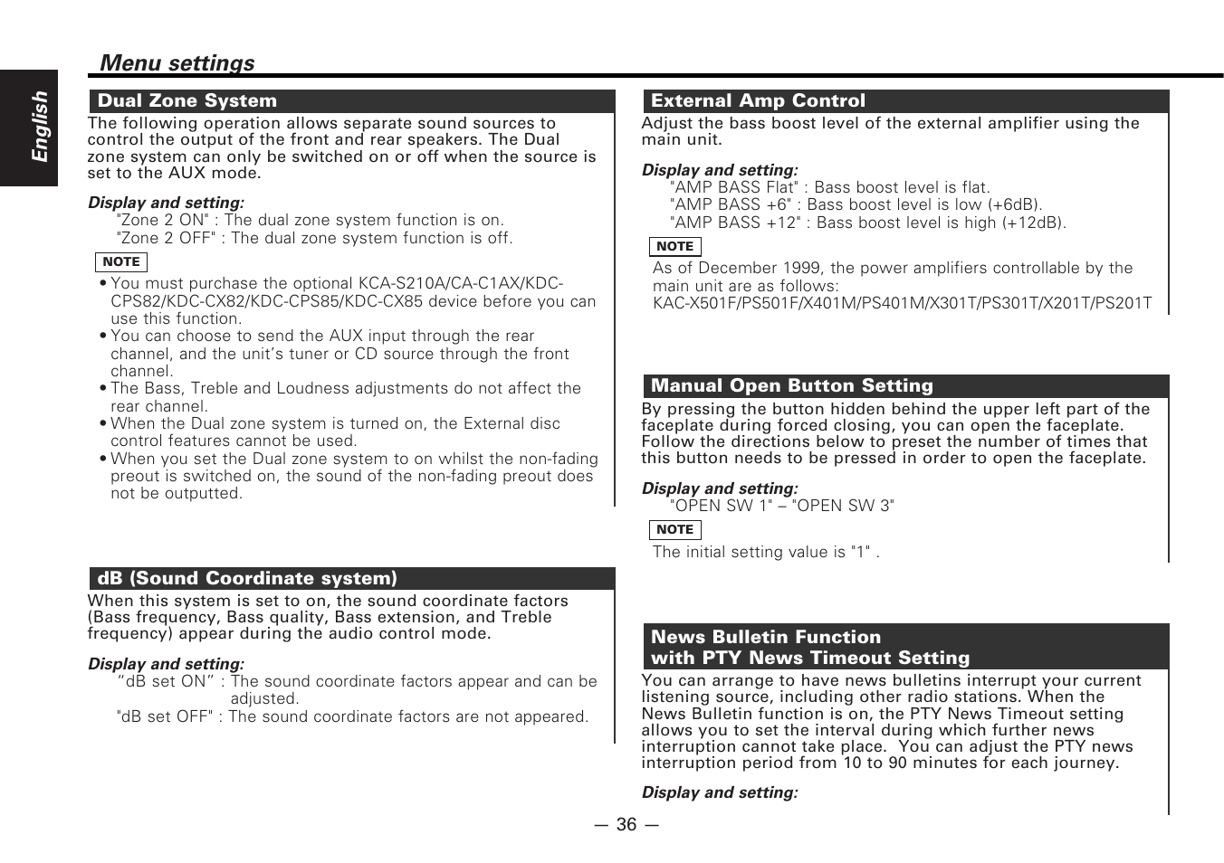 Dual zone system, Db (sound coordinate system), External amp control | Manual open button setting, Menu settings, English | Kenwood CD-RECEIVER KDC-PS9080R User Manual | Page 36 / 52