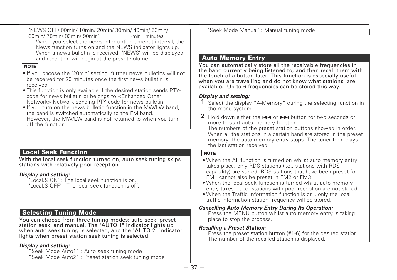 Local seek function, Selecting tuning mode, Auto memory entry | Kenwood CD-RECEIVER KDC-PS9080R User Manual | Page 37 / 52