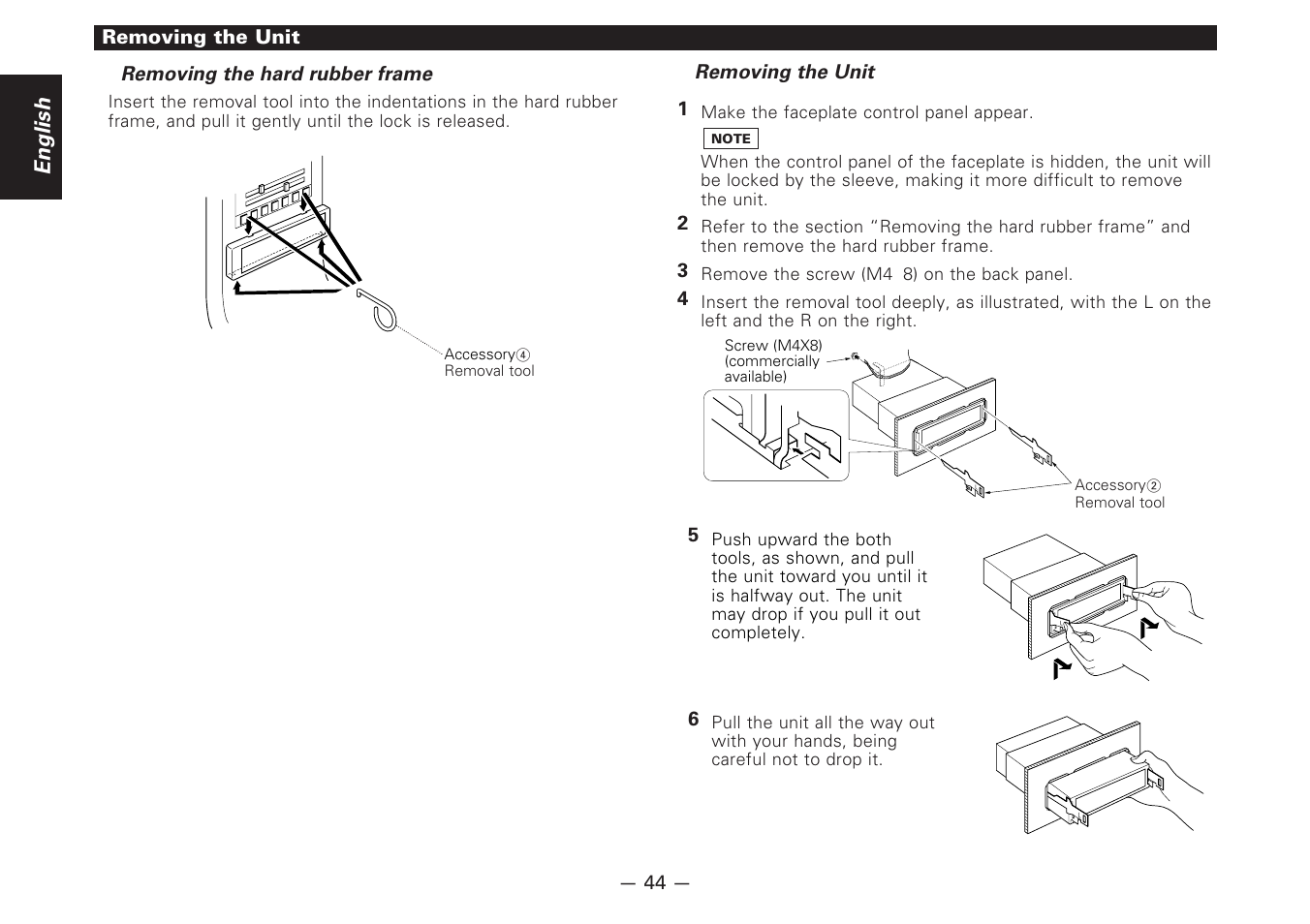 Removing the hard rubber frame, Removing the unit, English | Kenwood CD-RECEIVER KDC-PS9080R User Manual | Page 44 / 52