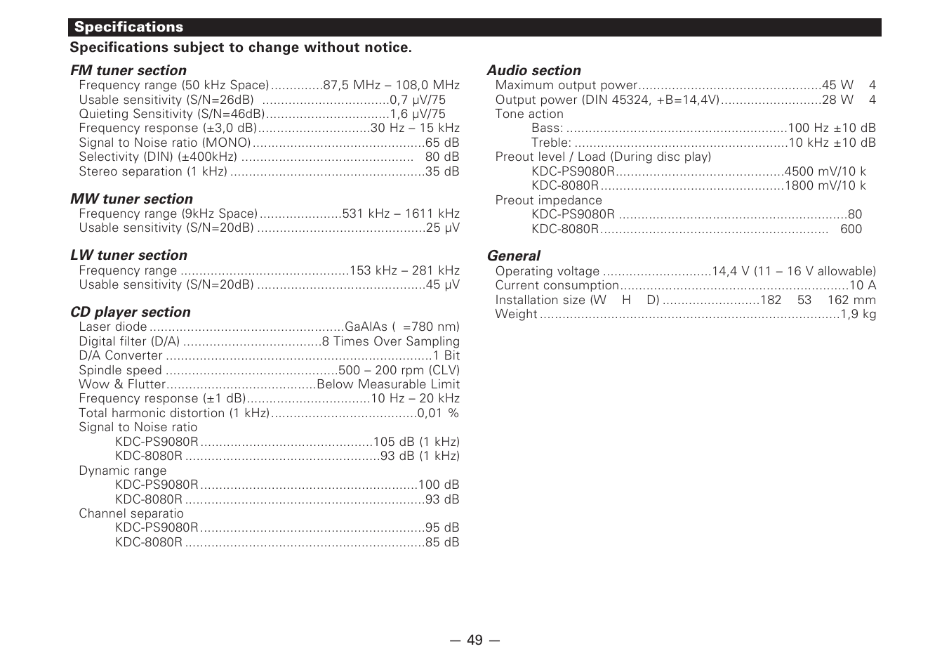 Specifications | Kenwood CD-RECEIVER KDC-PS9080R User Manual | Page 49 / 52