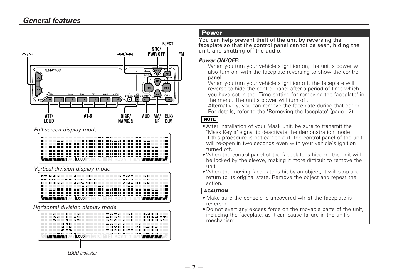 General features, Power | Kenwood CD-RECEIVER KDC-PS9080R User Manual | Page 7 / 52