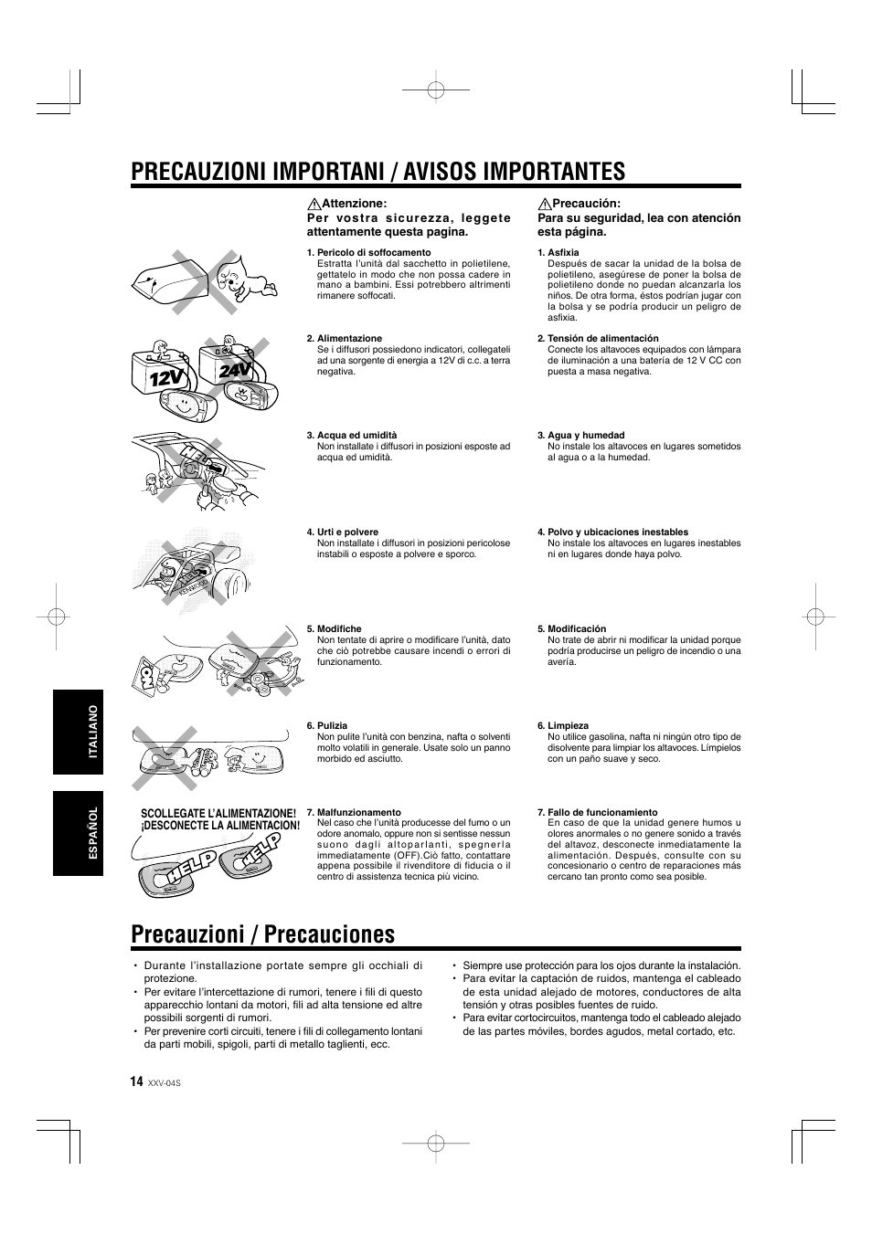 Italian, spanish, Precauzioni / precauciones, Precauzioni importani / avisos importantes | Kenwood XXV-04S User Manual | Page 14 / 24