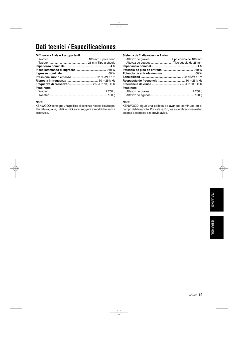 Dati tecnici / especificaciones | Kenwood XXV-04S User Manual | Page 19 / 24