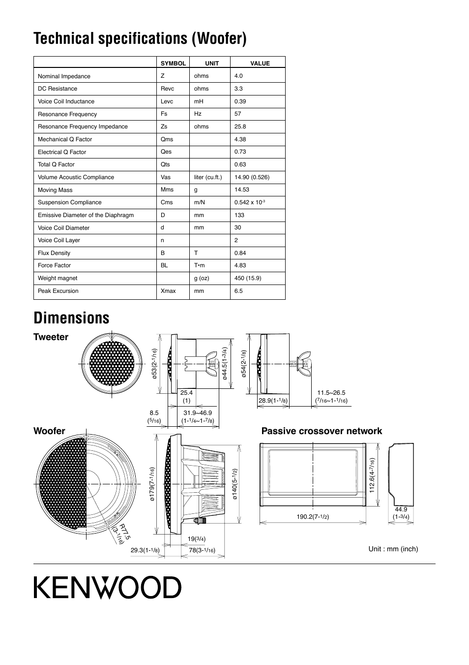 Dimensions, Technical specifications (woofer), Woofer tweeter passive crossover network | Kenwood XXV-04S User Manual | Page 24 / 24