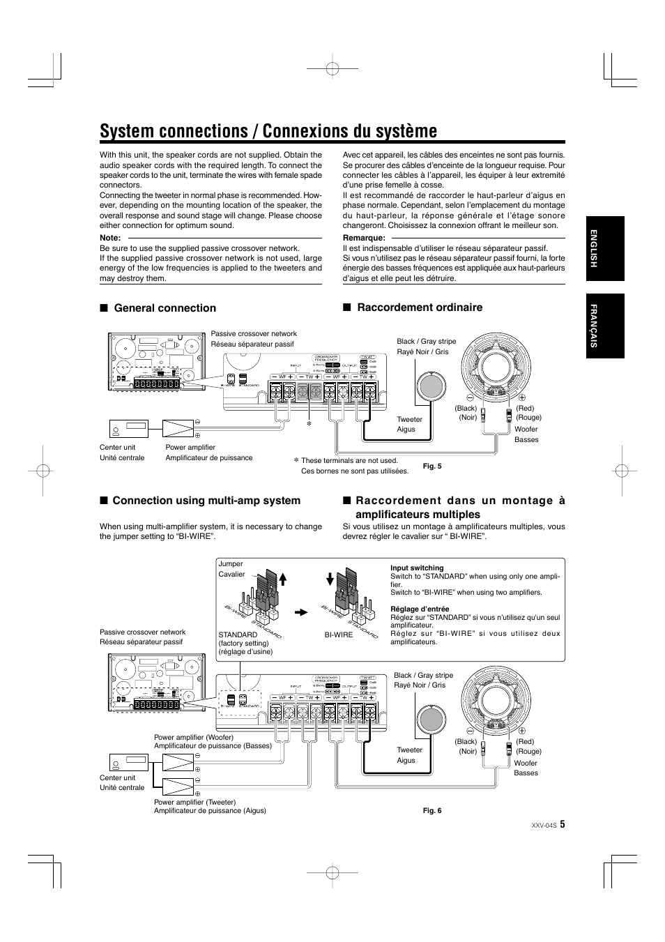 System connections / connexions du système, General connection, Raccordement ordinaire | Connection using multi-amp system | Kenwood XXV-04S User Manual | Page 5 / 24