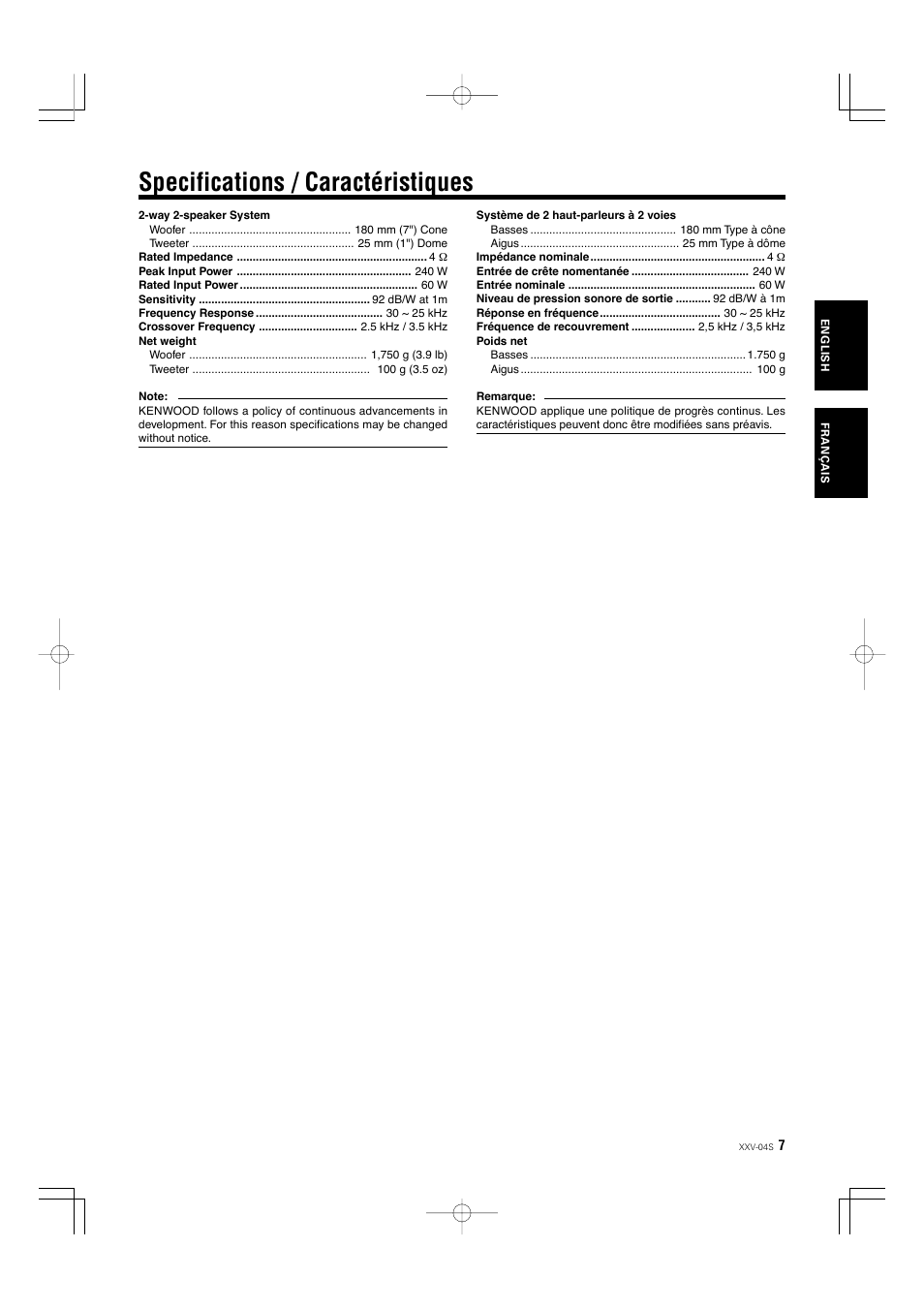Specifications / caractéristiques | Kenwood XXV-04S User Manual | Page 7 / 24