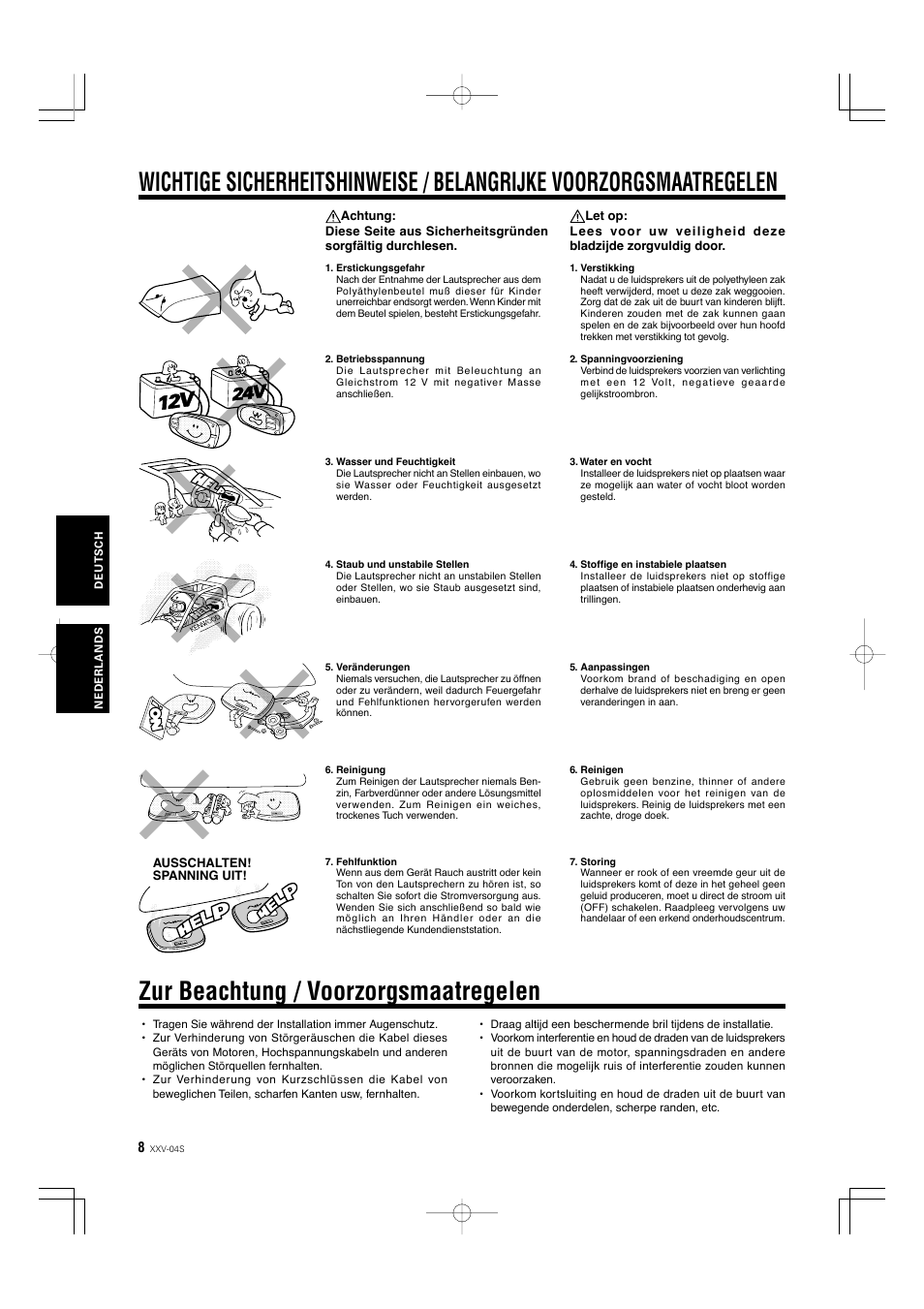 German, dutch, Zur beachtung / voorzorgsmaatregelen | Kenwood XXV-04S User Manual | Page 8 / 24