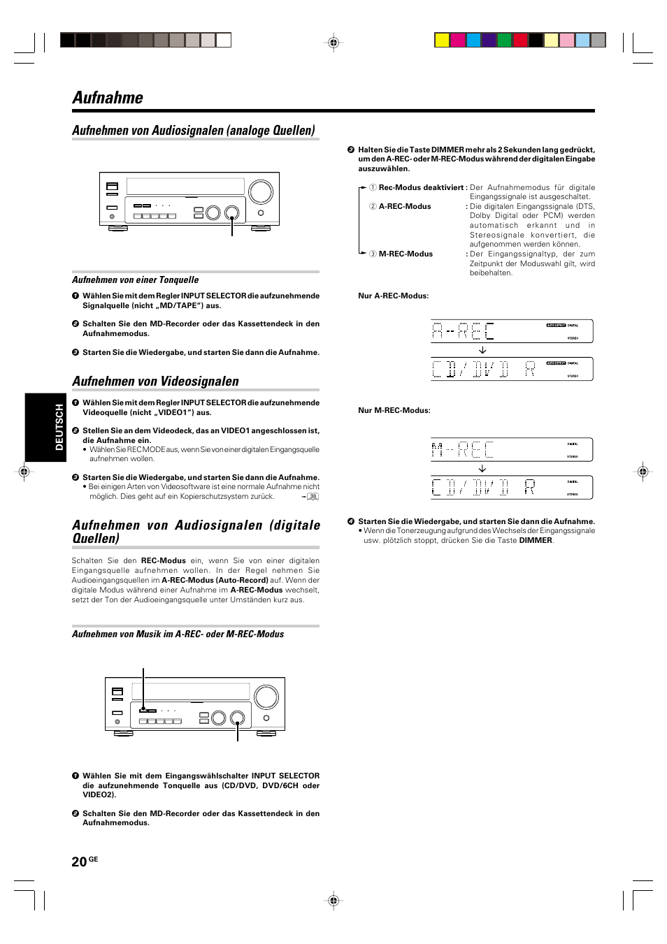 Aufnahme, Aufnehmen von audiosignalen (analoge quellen), Aufnehmen von videosignalen | Aufnehmen von audiosignalen (digitale quellen) | Kenwood KRF-V6070D User Manual | Page 100 / 200