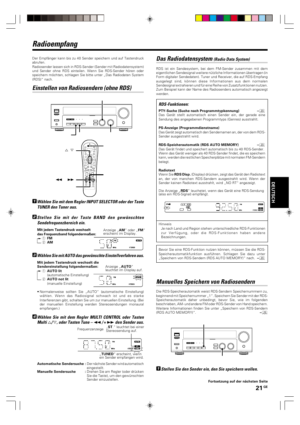 Radioempfang, Einstellen von radiosendern (ohne rds), Das radiodatensystem (radio data system) | Manuelles speichern von radiosendern, Das radiodatensystem | Kenwood KRF-V6070D User Manual | Page 101 / 200
