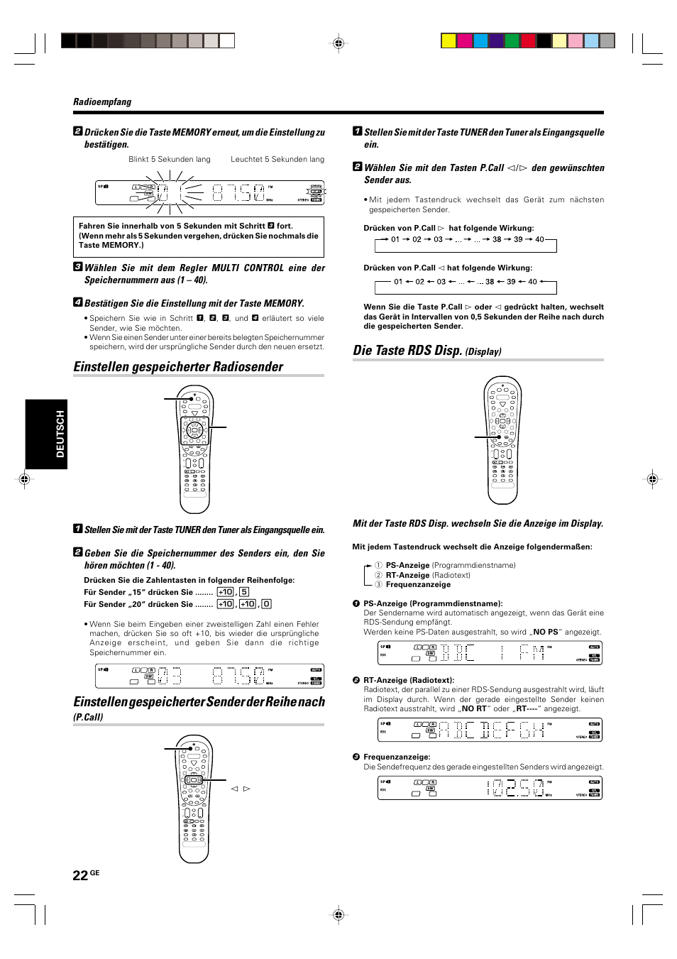 Einstellen gespeicherter radiosender, Die taste rds disp. (display), Die taste rds disp | Einstellen gespeicherter sender der reihe nach | Kenwood KRF-V6070D User Manual | Page 102 / 200