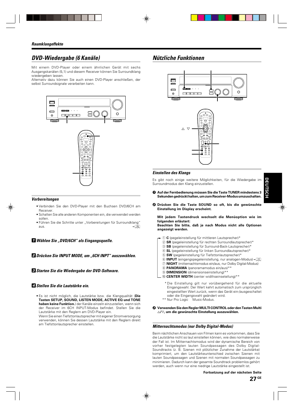 Dvd-wiedergabe (6 kanale), Nutzliche funktionen, Dvd-wiedergabe (6 kanäle) | Nützliche funktionen | Kenwood KRF-V6070D User Manual | Page 107 / 200