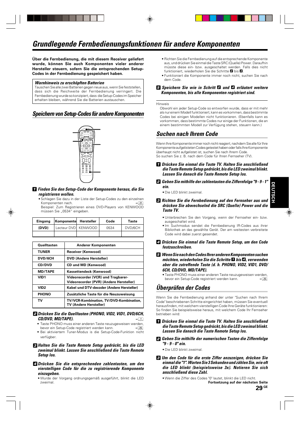 Fernbedienung, Speichern von setup-codes fur andere komponenten, Suchen nach ihrem code | Uberprufen der codes, Speichern von setup-codes für andere komponenten, Überprüfen der codes | Kenwood KRF-V6070D User Manual | Page 109 / 200