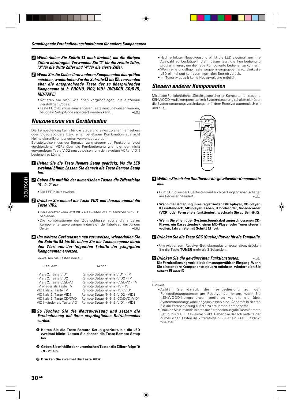 Neuzuweisen von geratetasten, Steuern anderer komponenten, Neuzuweisen von gerätetasten | Kenwood KRF-V6070D User Manual | Page 110 / 200