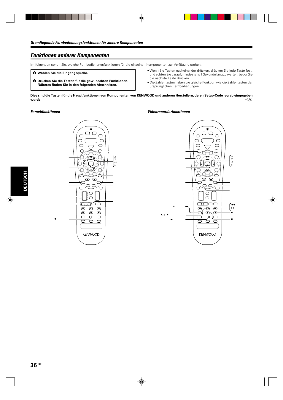 Funktionen anderer komponenten, Fersehfunktionen videorecorderfunktionen, Deutsch | Kenwood KRF-V6070D User Manual | Page 116 / 200