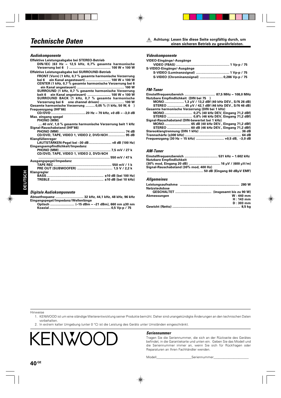 Technische daten | Kenwood KRF-V6070D User Manual | Page 120 / 200