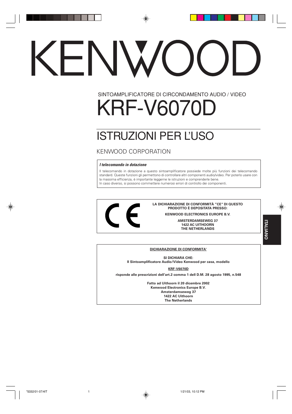 Italiano, Krf-v6070d, Istruzioni per l’uso | Kenwood corporation | Kenwood KRF-V6070D User Manual | Page 121 / 200