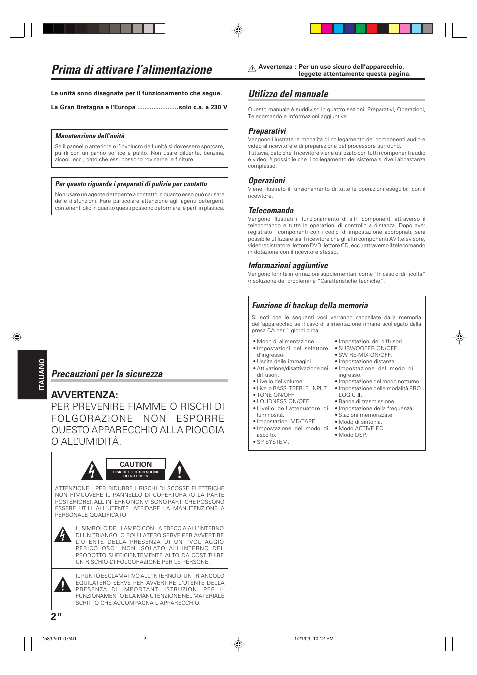 Preparativi, Prima di attivare l’alimentazione, Precauzioni per la sicurezza | Utilizzo del manuale, Operazioni, Telecomando, Informazioni aggiuntive | Kenwood KRF-V6070D User Manual | Page 122 / 200