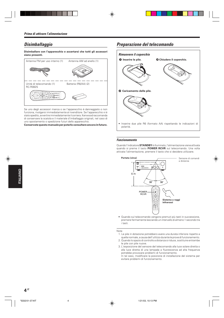 Disimballaggio, Preparazione del telecomando | Kenwood KRF-V6070D User Manual | Page 124 / 200