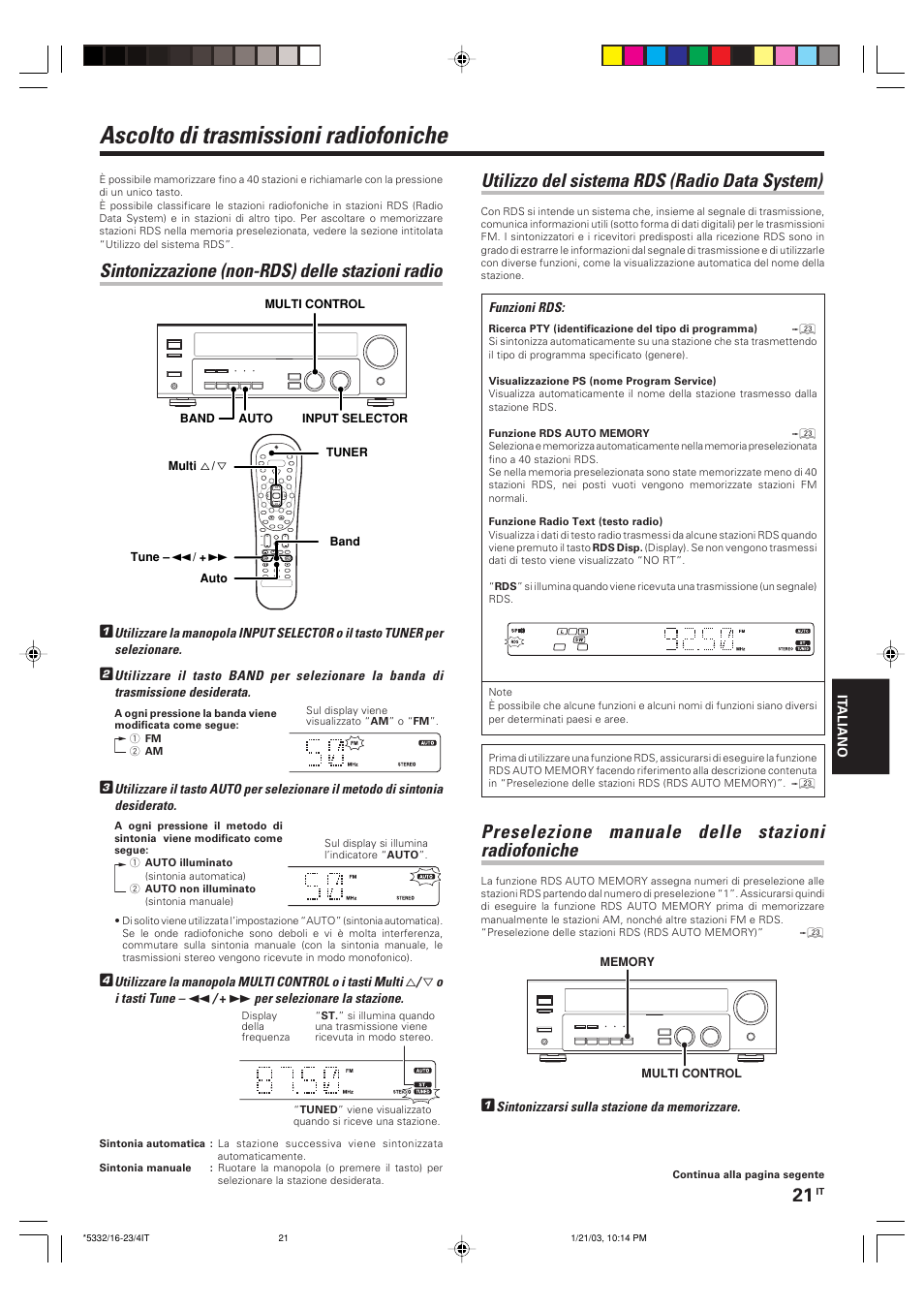 Ascolto di trasmissioni radiofoniche, Sintonizzazione (non-rds) delle stazioni radio, Utilizzo del sistema rds (radio data system) | Preselezione manuale delle stazioni radiofoniche | Kenwood KRF-V6070D User Manual | Page 141 / 200