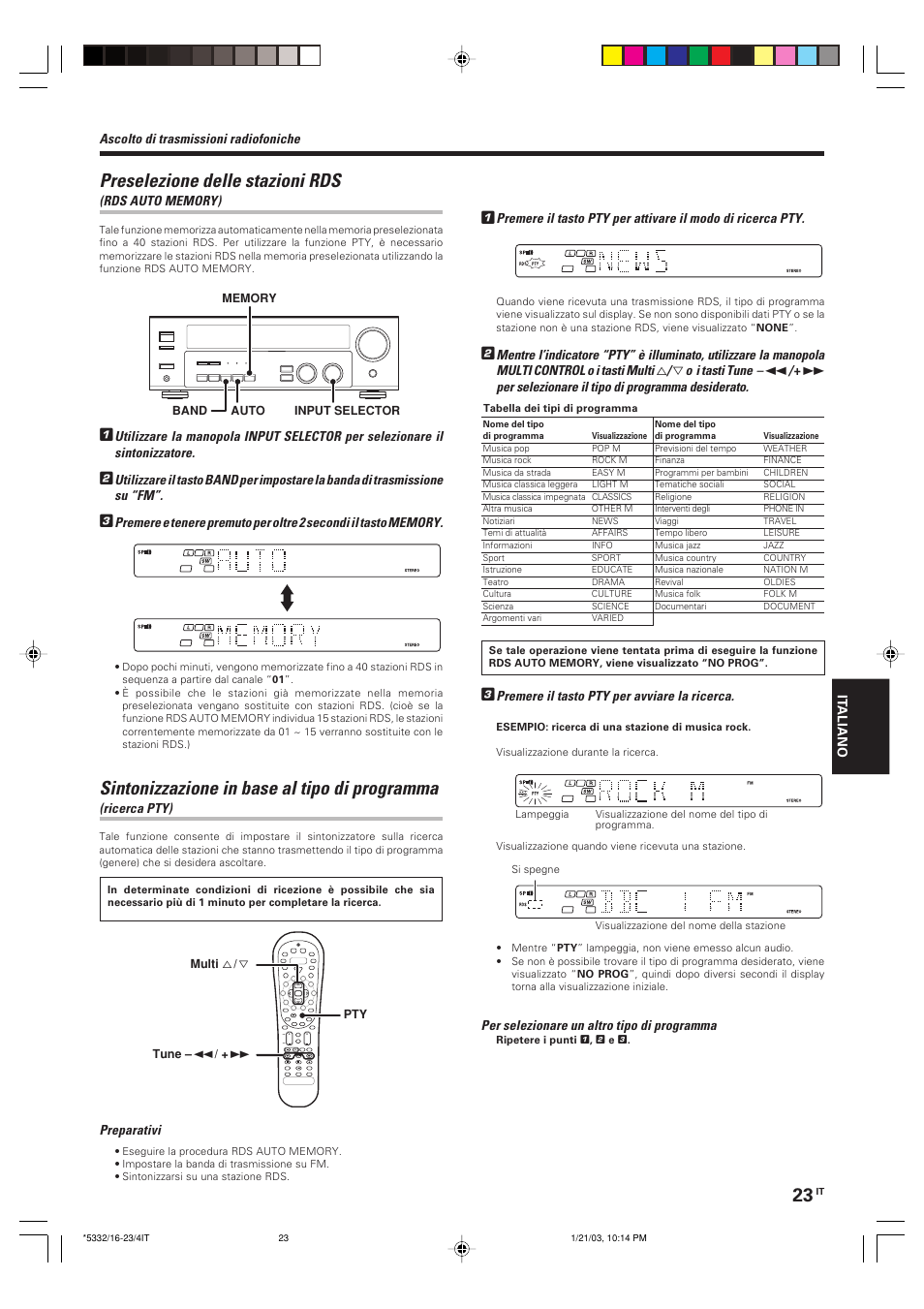 Preselezione delle stazioni rds (rds auto memory), Sintonizzazione in base al tipo di programma, Preselezione delle stazioni rds | Kenwood KRF-V6070D User Manual | Page 143 / 200