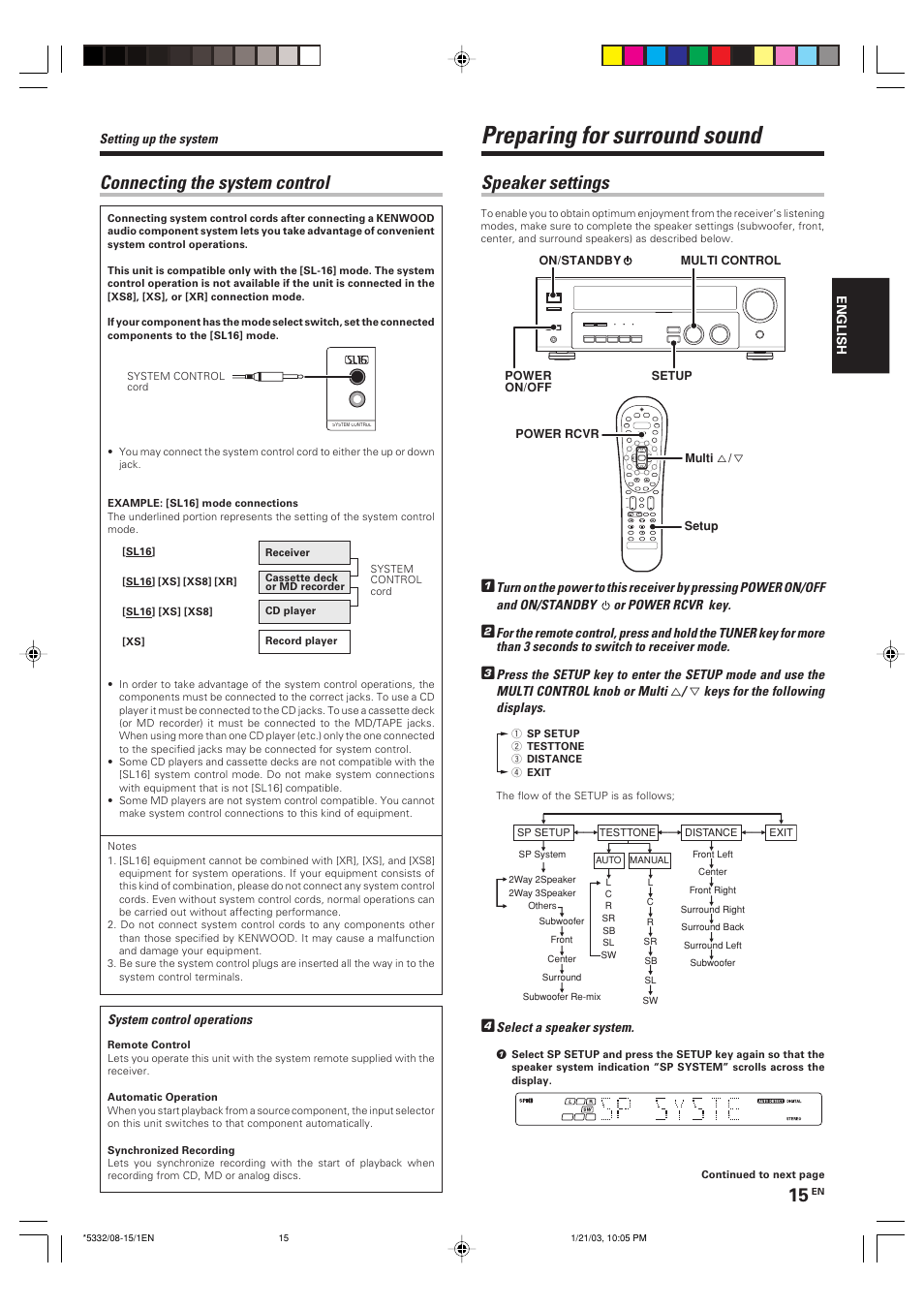 Connecting the system control, Preparing for surround sound, Speaker settings | Kenwood KRF-V6070D User Manual | Page 15 / 200