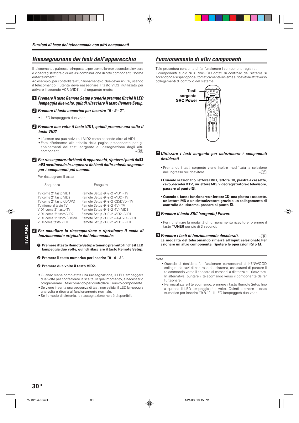 Riassegnazione dei tasti dell’apparecchio, Funzionamento di altri componenti | Kenwood KRF-V6070D User Manual | Page 150 / 200