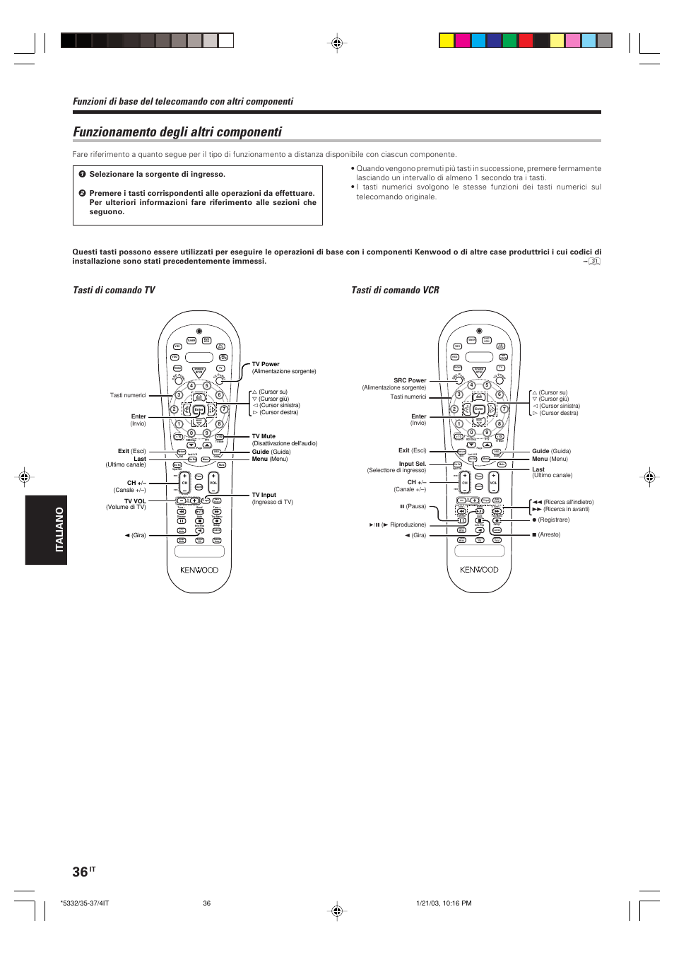 Funzionamento degli altri componenti, Tasti di comando tv tasti di comando vcr, It aliano | Kenwood KRF-V6070D User Manual | Page 156 / 200