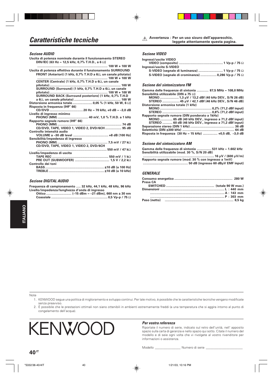 Caratteristiche tecniche | Kenwood KRF-V6070D User Manual | Page 160 / 200