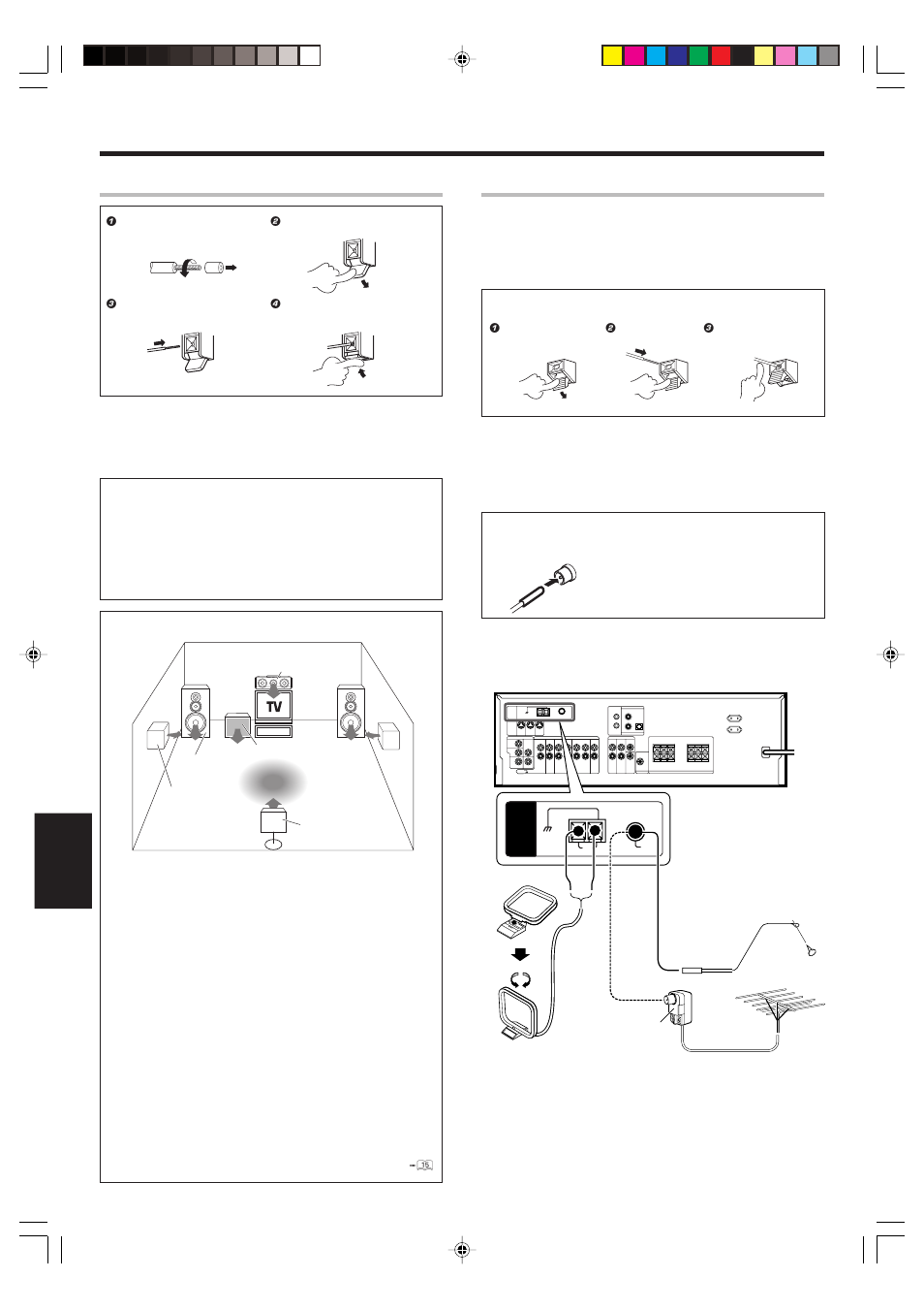 Conexion de los terminales, Conexion de las antenas, Conexión de los terminales | Conexión de las antenas, Configuración del sistema, Impedancia de altavoz, Antena cerrada de am, Antena de interior de fm, Antena de exterior de fm, Conexiones del terminal de antena de fm | Kenwood KRF-V6070D User Manual | Page 174 / 200