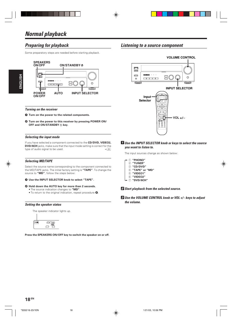 Operations, Normal playback, Preparing for playback | Listening to a source component | Kenwood KRF-V6070D User Manual | Page 18 / 200