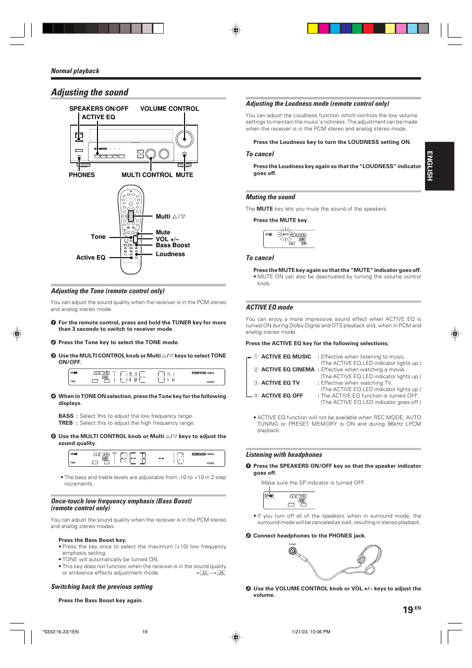 Adjusting the sound | Kenwood KRF-V6070D User Manual | Page 19 / 200