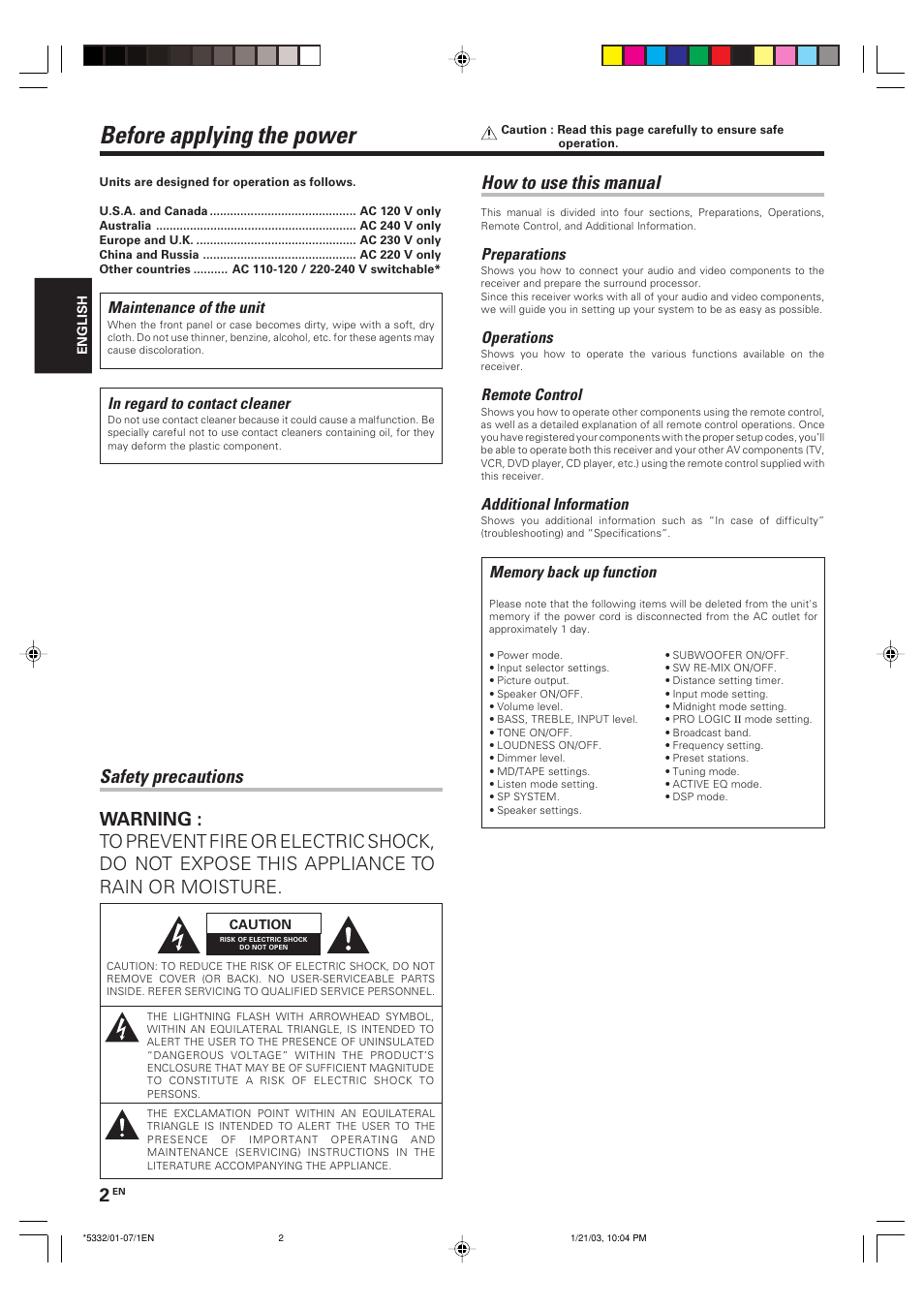 Preparations, Before applying the power, Safety precautions | How to use this manual, Operations, Remote control, Additional information, Maintenance of the unit | Kenwood KRF-V6070D User Manual | Page 2 / 200