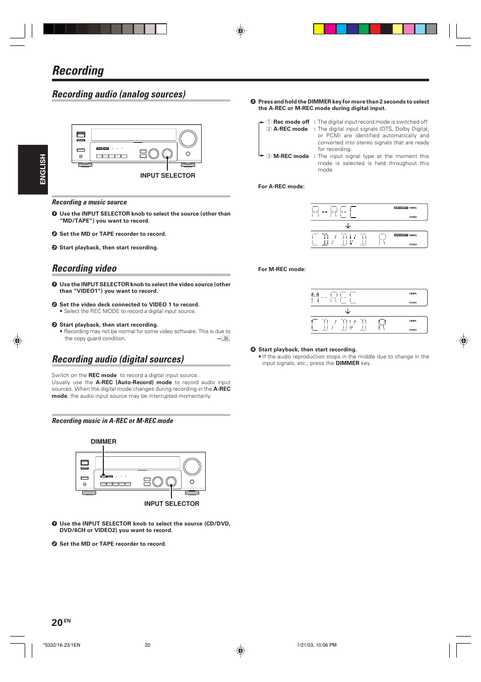 Recording, Recording audio (analog sources), Recording video | Recording audio (digital sources) | Kenwood KRF-V6070D User Manual | Page 20 / 200