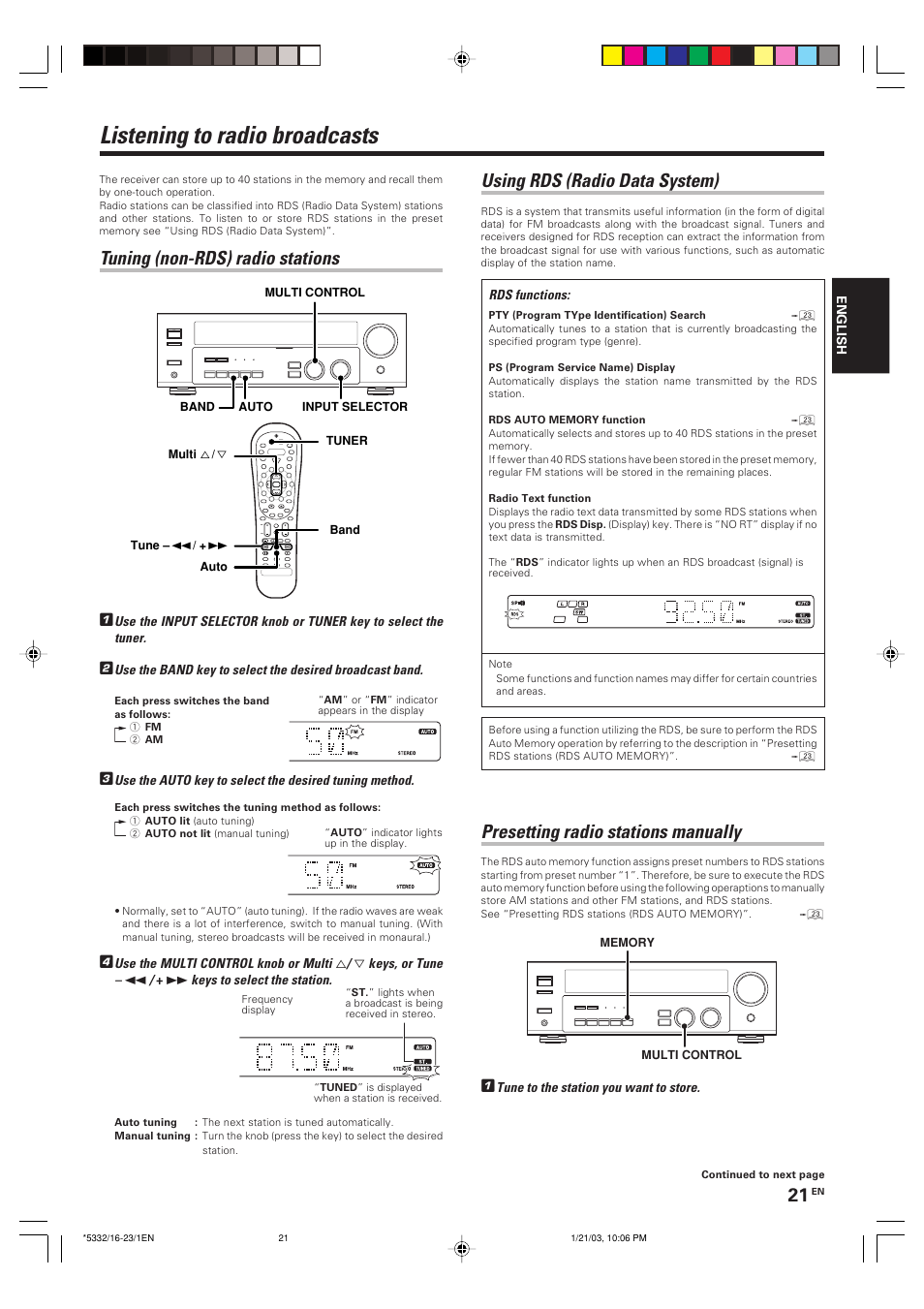 Listening to radio broadcasts, Tuning (non-rds) radio stations, Using rds (radio data system) | Presetting radio stations manually | Kenwood KRF-V6070D User Manual | Page 21 / 200