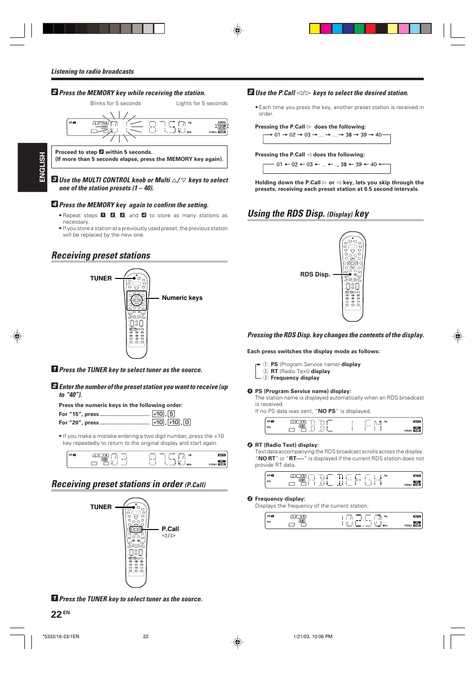 Receiving preset stations, Receiving preset stations in order (p.call), Using the rds disp. (display) key | Using the rds disp, Receiving preset stations in order | Kenwood KRF-V6070D User Manual | Page 22 / 200