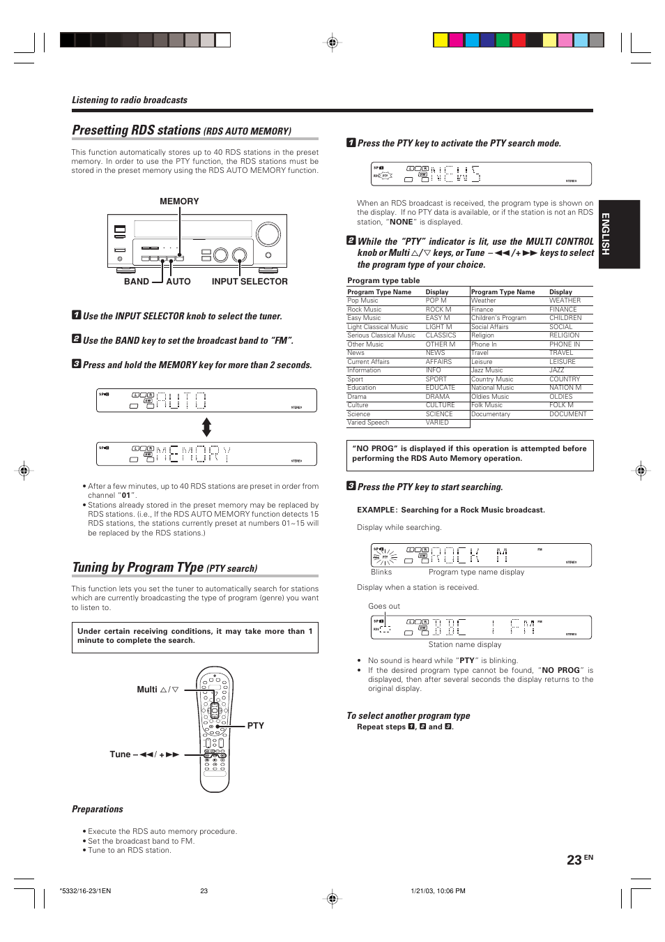 Presetting rds stations (rds auto memory), Tuning by program type (pty search), Presetting rds stations | Tuning by program type | Kenwood KRF-V6070D User Manual | Page 23 / 200